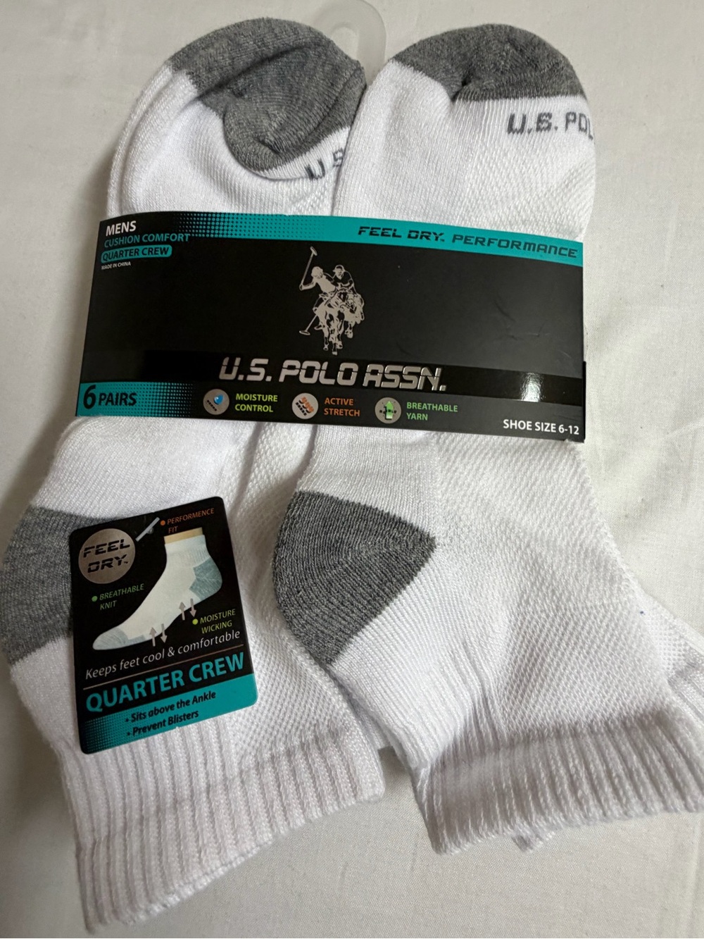 U.S. Polo Assn. White and Gray Quarter Crew Athletic Socks - 6 Pack